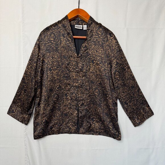 Vintage Chicos Design 100% Silk Brown Tan Black Filigree Print Tunic Jacket - Picture 1 of 10
